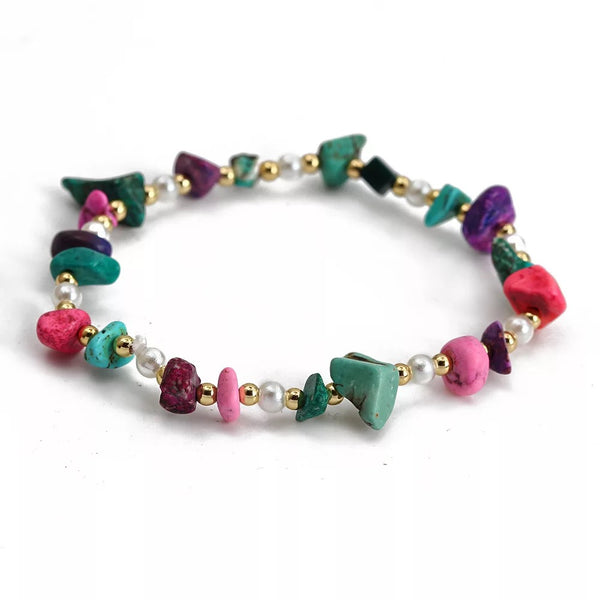 Multi-Colour Natural Stone and Pearl Bead Stretch Bracelet