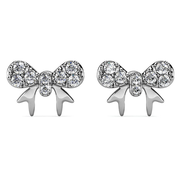 Silver Bow Swarovski Crystal Stud Earrings Rhodium Plated