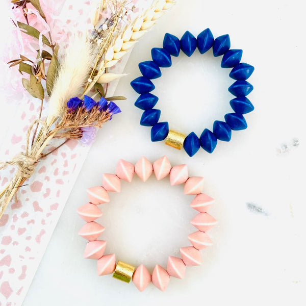 Bicone Wooden Bead Statement Stretch Bracelet in Blue and 