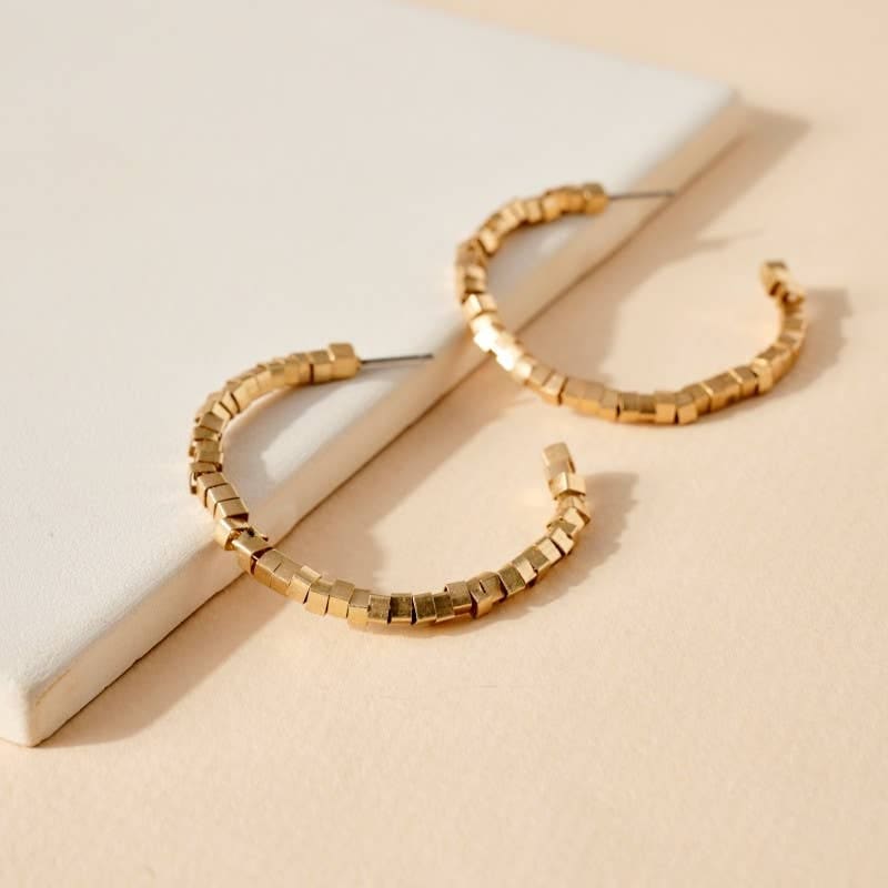 Gold Geometric Open Hoop Earrings with Faceted Cube Beads - 