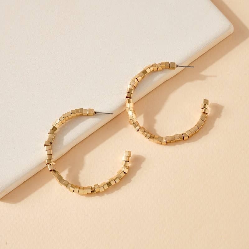 Gold Geometric Open Hoop Earrings with Faceted Cube Beads - 