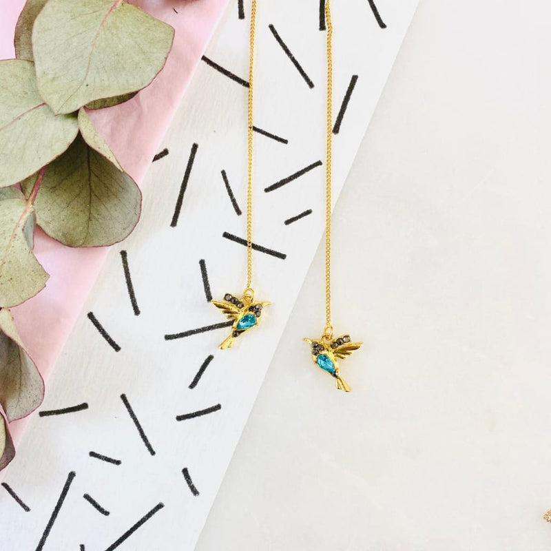 Gold Hummingbird Threader Earrings - Blue - Jewellery