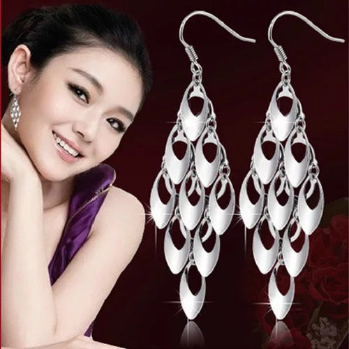 Silver Tassel Peacock Feather Dangly Layered Statement Earrings