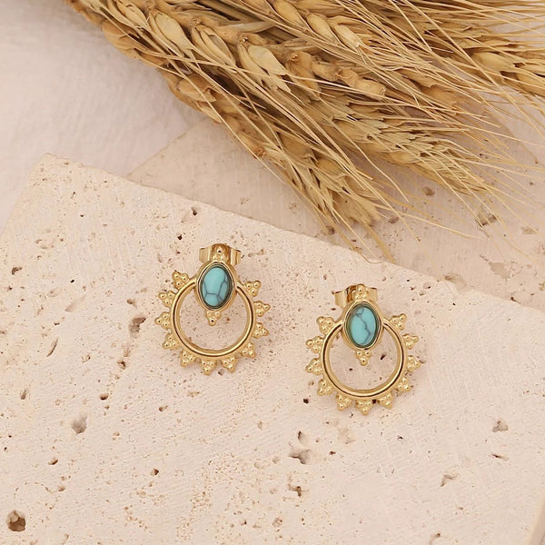 Gold and Turquoise Stone Hoop Sun Earrings - 18ct Gold Plated