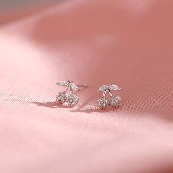 Silver Cherry Stud Earrings with Cubic Zirconia Stones