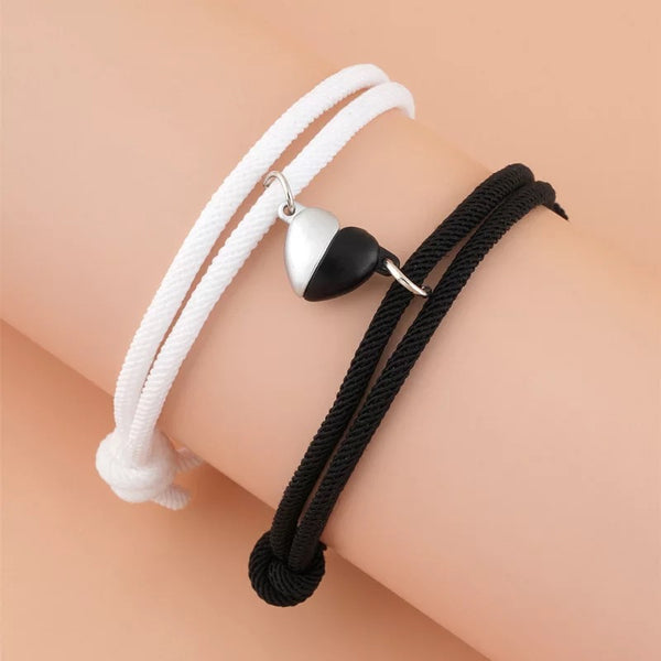 Heart Valentine Couples Magnetic Bracelet His and Hers - Black and White Adjustable Rope Strap