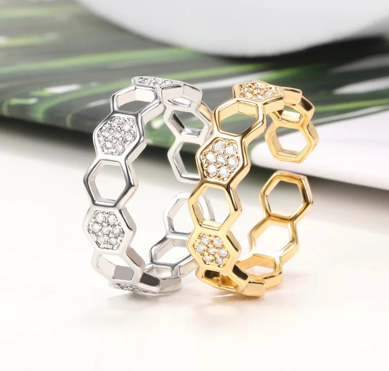 Hexagon Beehive Ring Adjustable - Gold or Silver