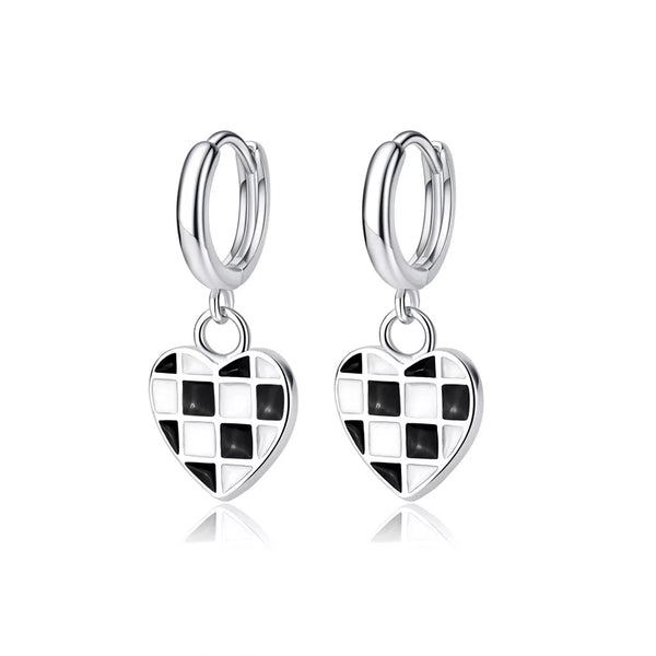 Black and White Chessboard Checked Heart Huggie Hoop Earrings