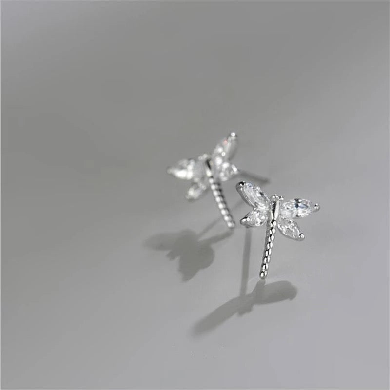 Silver Dragonfly Stud Earrings with Cubic Zirconia Stones