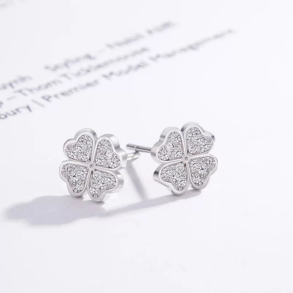 Silver Four Leaf Clover Lucky Crystal Stud Earrings with Cubic Zirconia Stones