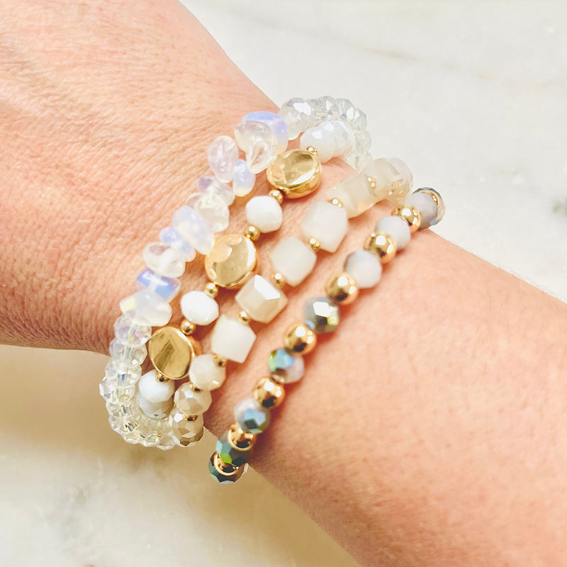 Adjustable multi layered beaded bracelet - white and pink