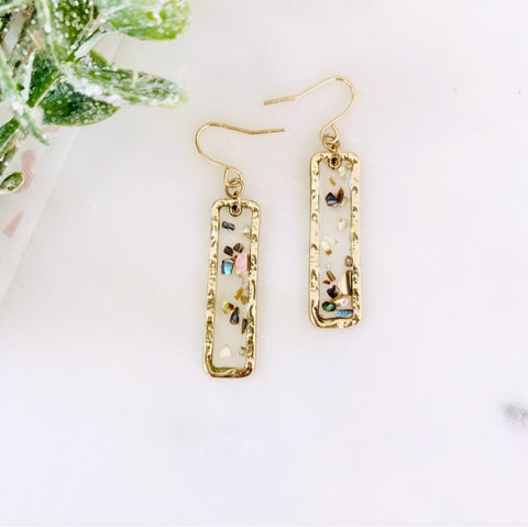 Gold Rectangular Shell Resin Dangly Earrings