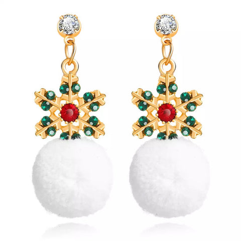 Pom Pom Snowflake Christmas Earrings - red, green and white