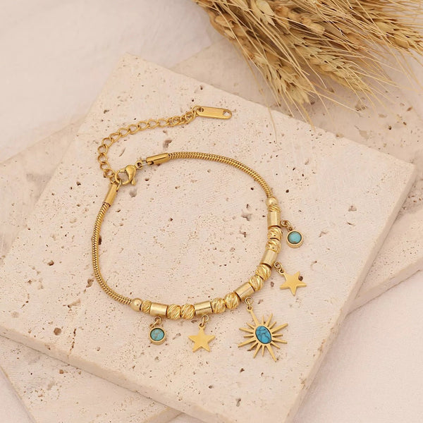 Gold and Turquoise Stone Beaded Sunburst Star Bracelet - 18ct Gold Plated
