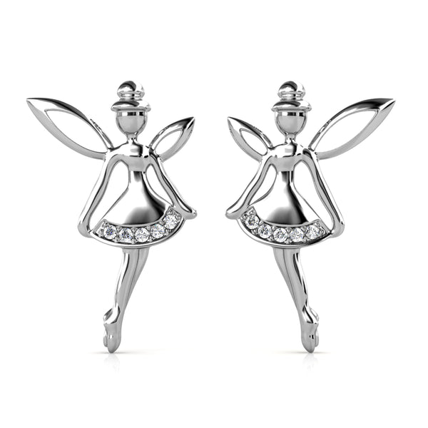 Silver Fairy Ballerina Earrings - Swarovski Crystal and 18k White Gold Plated