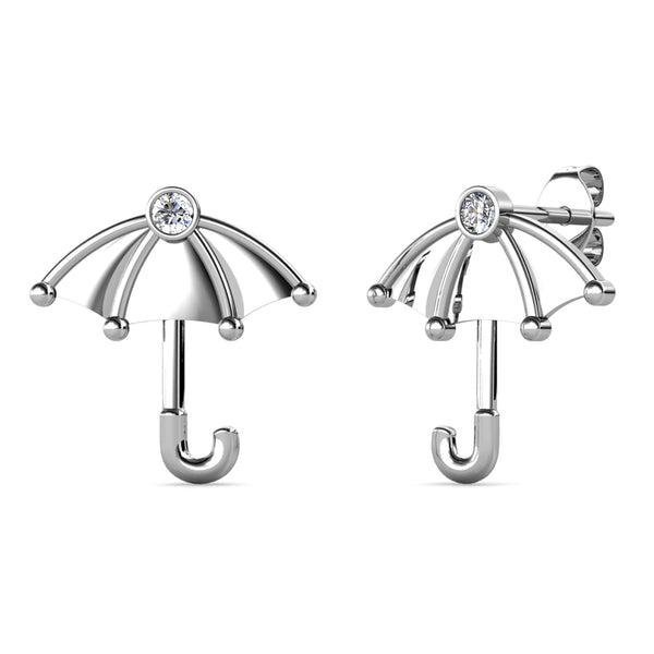 Silver Umbrella Stud Earrings - 18k White Gold Plated with Swarovski Crystals
