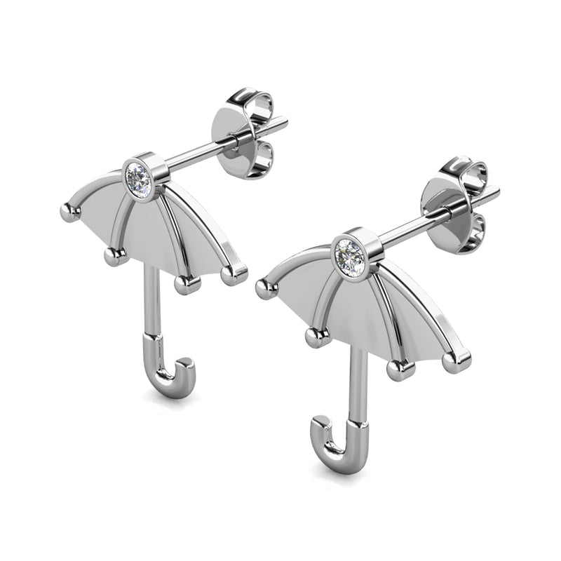 Silver Umbrella Stud Earrings - 18k White Gold Plated with Swarovski Crystals