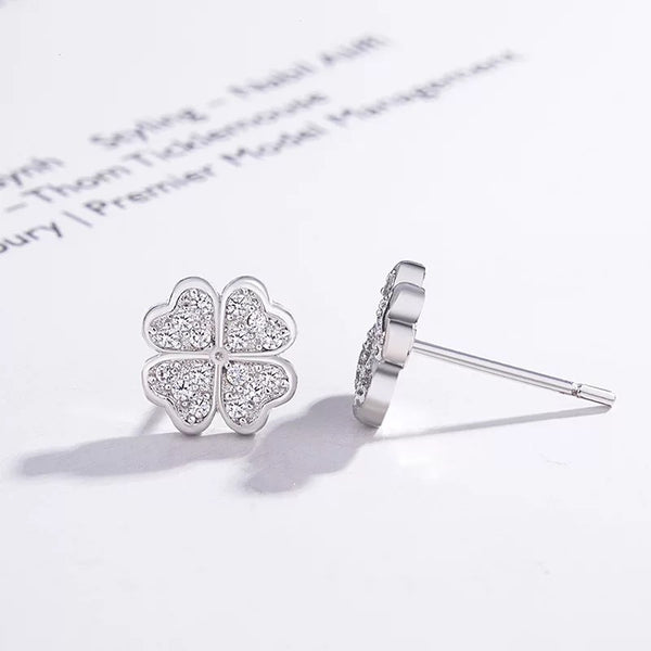 Silver Four Leaf Clover Lucky Crystal Stud Earrings with Cubic Zirconia Stones