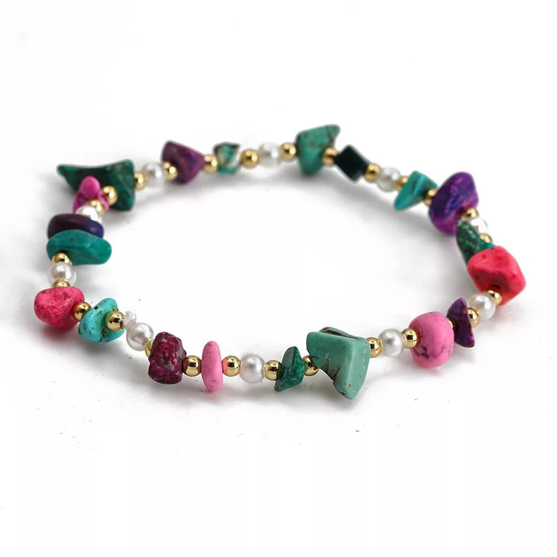 Multi-Colour Natural Stone and Pearl Bead Stretch Bracelet