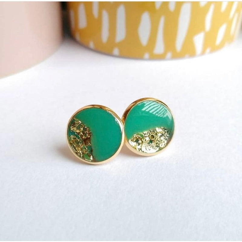 Jade Green and Gold Leaf Resin Stud Earrings - Jewellery