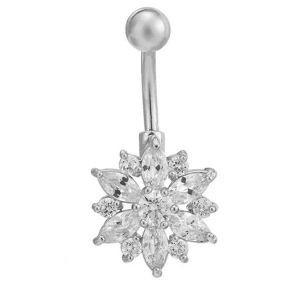 Large Silver Flower Belly Bar for Belly Button Piercing. - 