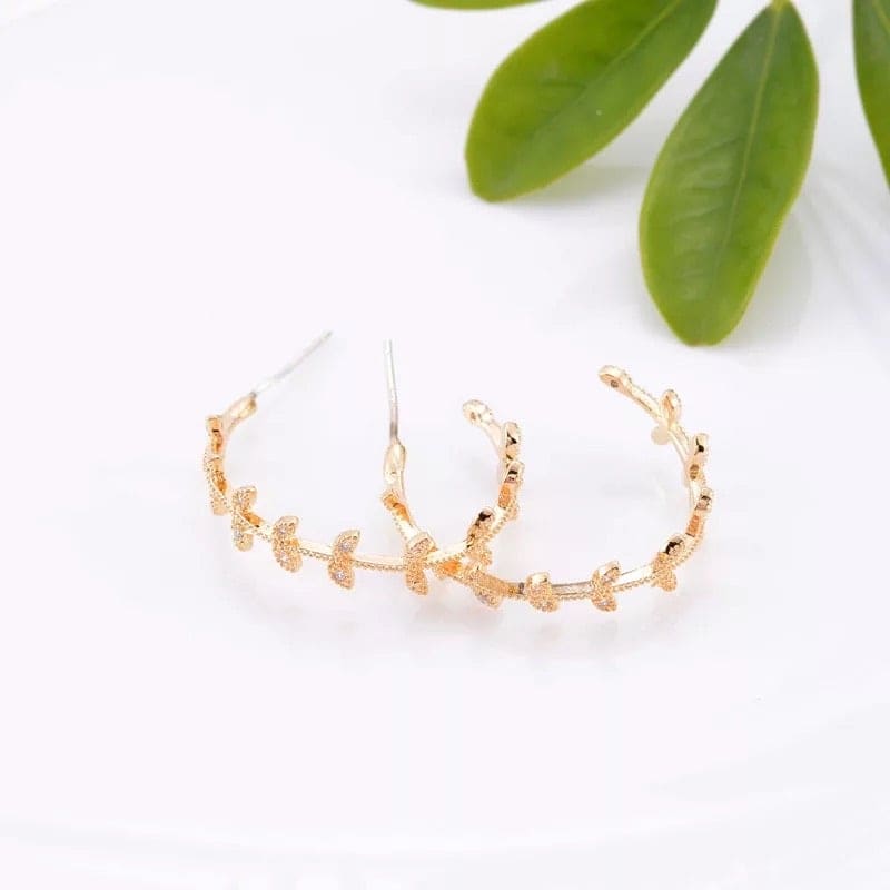 Leaf Hoop Sparkle Earrings - Silver and Gold with Cubic 