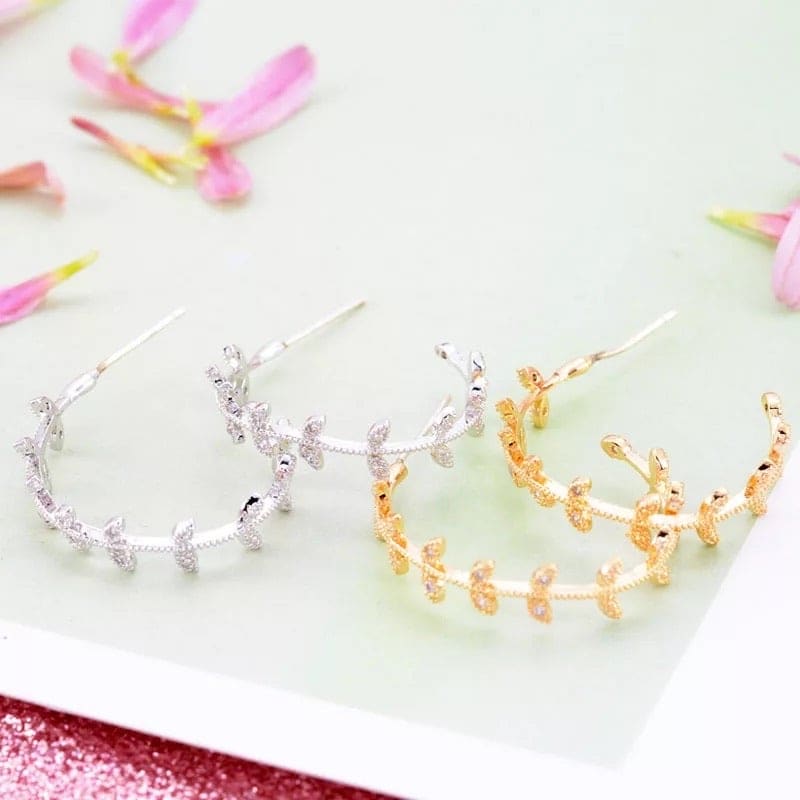 Leaf Hoop Sparkle Earrings - Silver and Gold with Cubic 