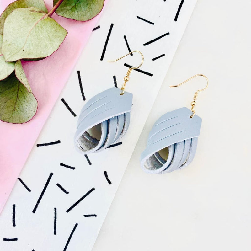 Leather Twist Earrings - White and Grey - Grey - Jewellery