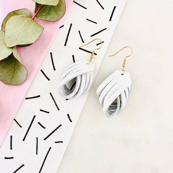 Leather Twist Earrings - White and Grey - White - Jewellery