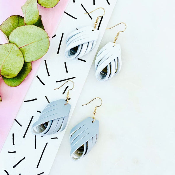 Leather Twist Earrings - White and Grey - Jewellery