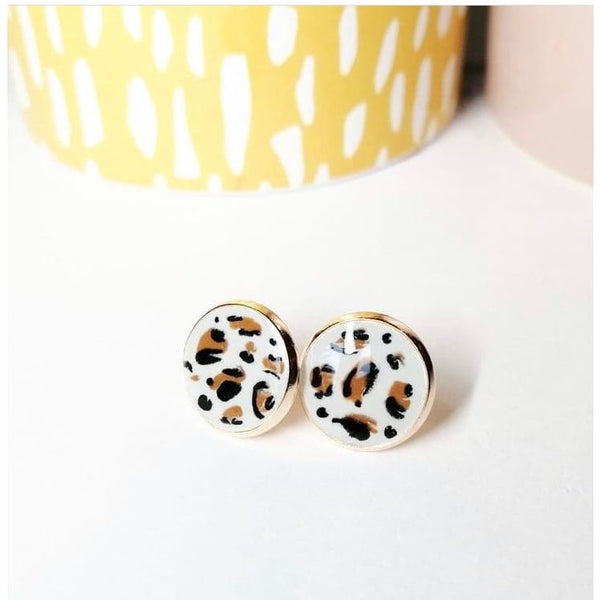 Leopard Print Stud Earrings - Natural and Pink - Natural - 