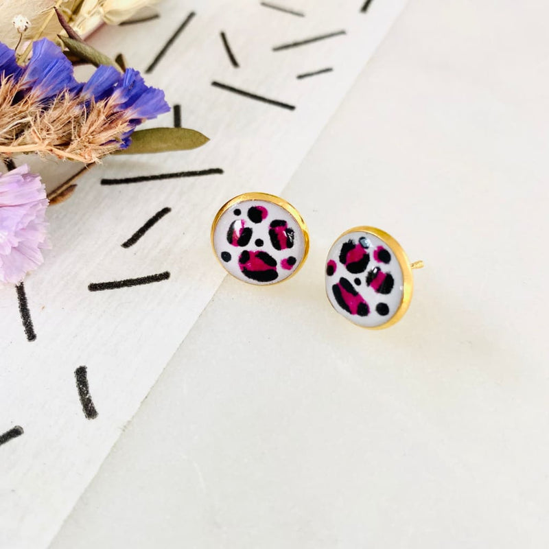 Leopard Print Stud Earrings - Natural and Pink - Pink - 