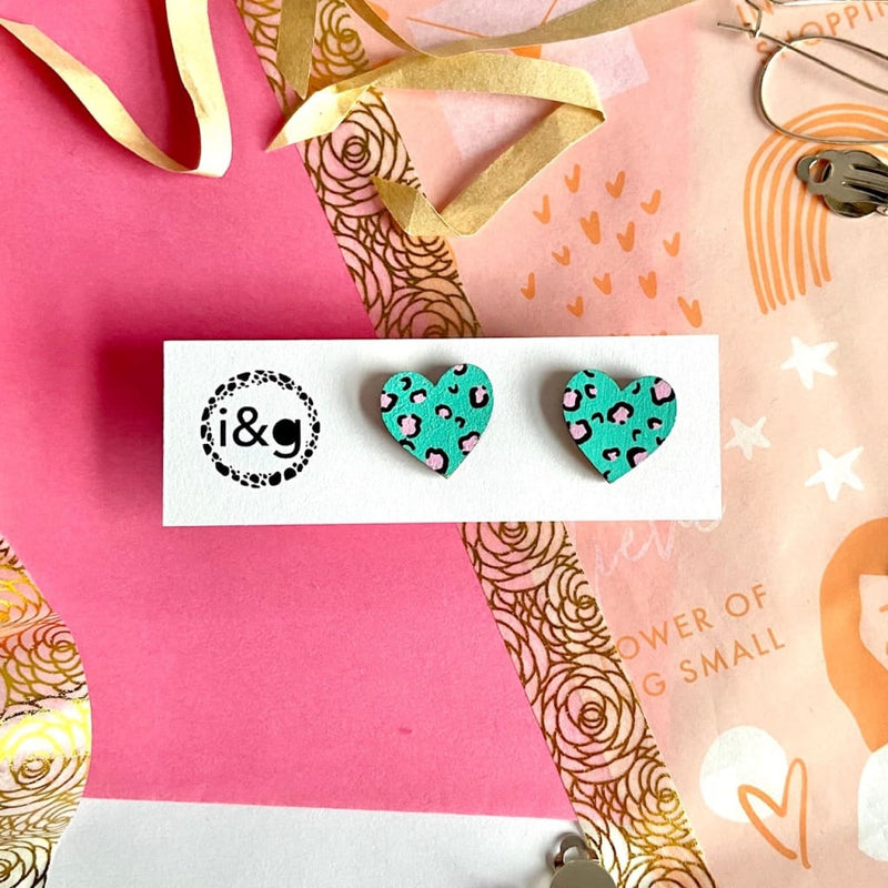 Mini Leopard Print Heart Earrings Hand Painted - Green and 