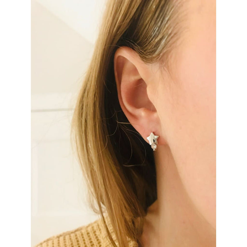 Moon and Star Small Mismatched Stud Earrings with Crystals 