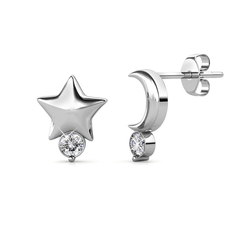 Moon and Star Small Mismatched Stud Earrings with Crystals from Swarovski - STYLACITY