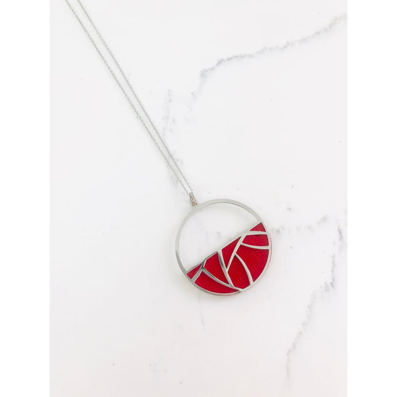Multi-Wear Silver Pendant Necklace with Reversible Navy and Red PU Leather Piece. - STYLACITY