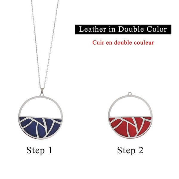 Multi-Wear Silver Pendant Necklace with Reversible Navy and Red PU Leather Piece. - STYLACITY