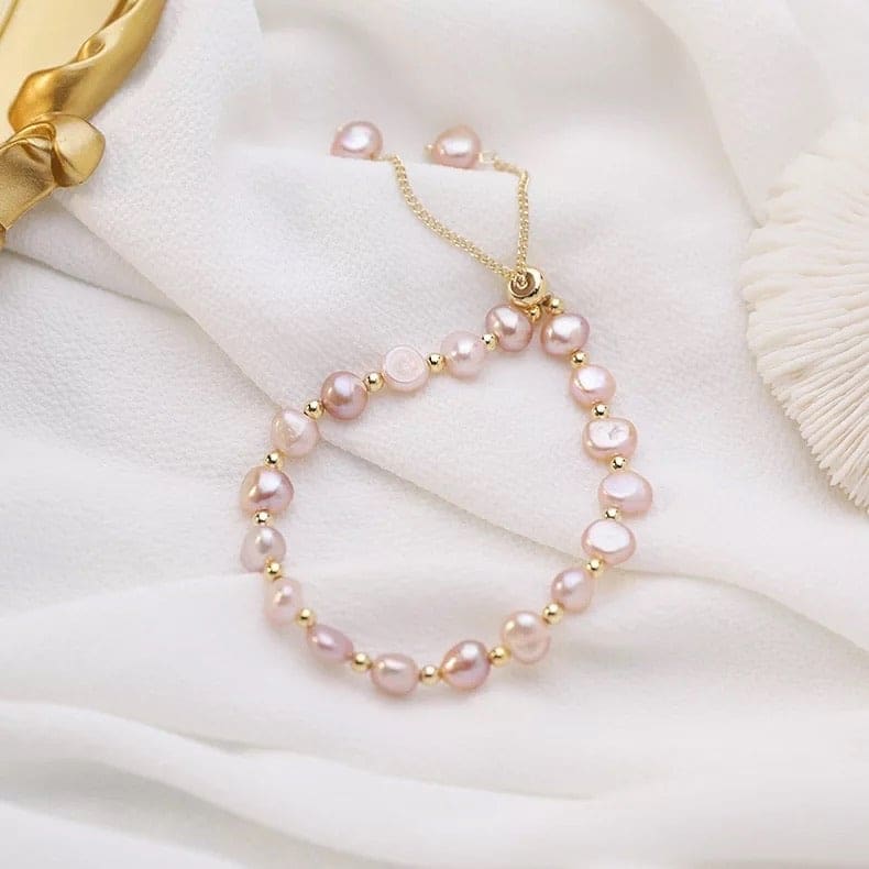 Pink Freshwater Pearl Adjustable Bracelet with Gold Beads - 