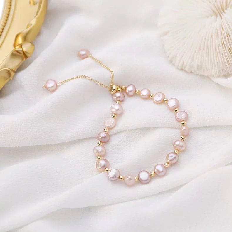 Pink Freshwater Pearl Adjustable Bracelet with Gold Beads - 