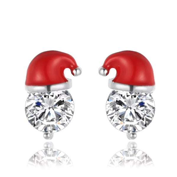 Santa Christmas Silver Stud Earrings with Cubic Zirconia 