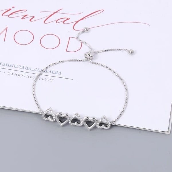 Silver Adjustable Row of Hearts Love Pulley Bracelet with 