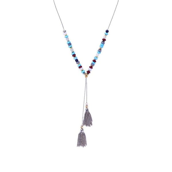 Silver and Gold Beaded Adjustable Lariat Tassel Necklace