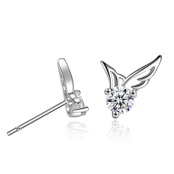 Silver Angel Wings Small Stud Earrings with Cubic Zirconia 