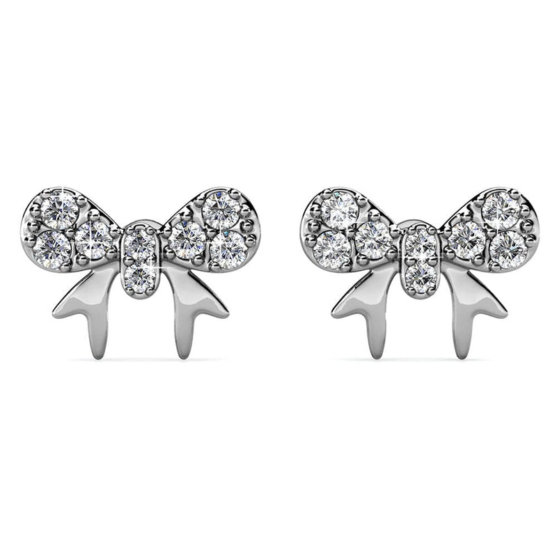 Silver Bow Swarovski Crystal Stud Earrings Rhodium Plated
