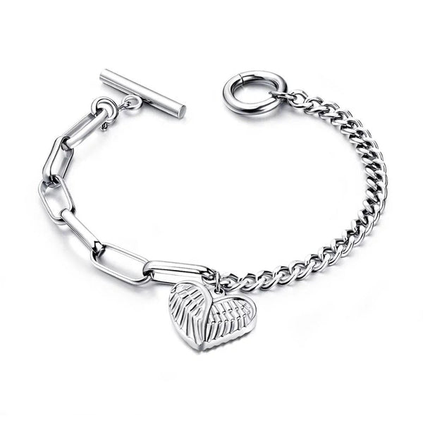 Silver Chunky Chain Links Angel Wings Heart Bracelet