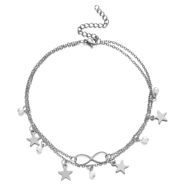 Silver Double Chain Anklet with Infinity Symbol Small Stars 