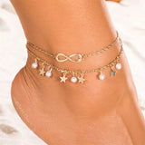 Silver Double Chain Anklet with Infinity Symbol Small Stars 