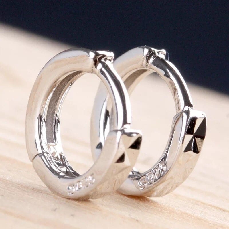 Silver Geometric Faceted Small Huggie Hoop Earrings - STYLACITY