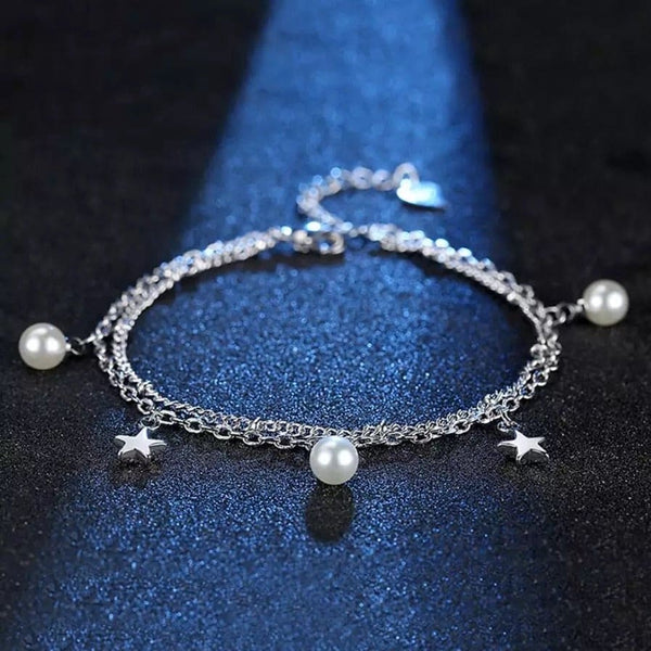 Silver Pearl and Stars Double Stranded Adjustable Bracelet
