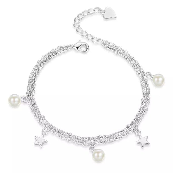 Silver Pearl and Stars Double Stranded Adjustable Bracelet
